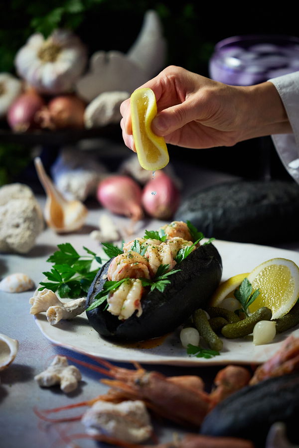 Butter Shrimp and Black Bun Sandwiches