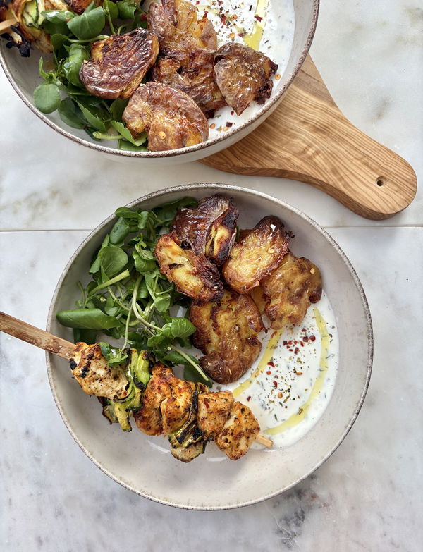 Chicken & Courgette Skewers, Crispy Smashed Potatoes & Whipped Feta