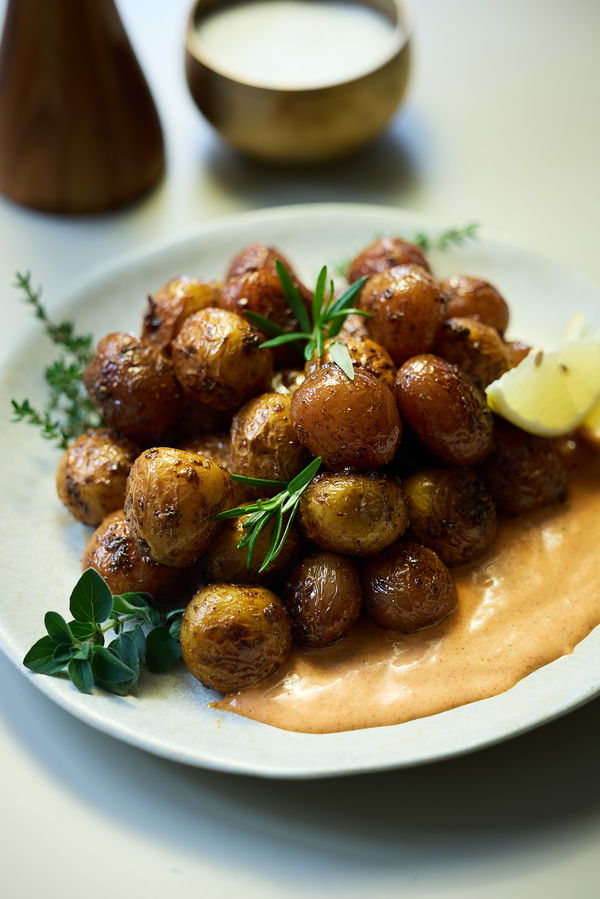 Butter Caramel Baby Potatoes with Smoky Maple Mayo