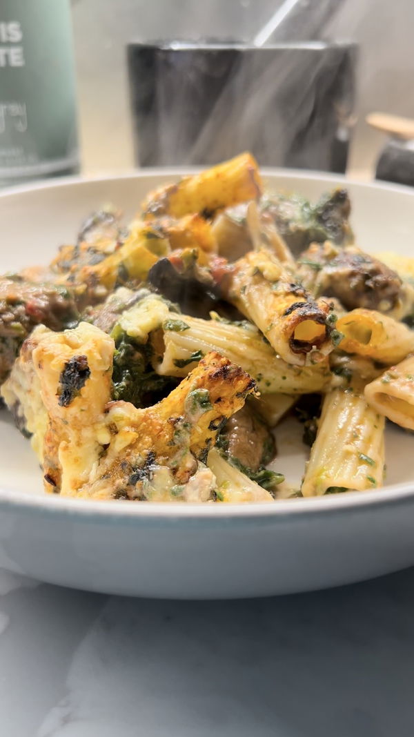 Meatball, Boursin, Tomato & Spinach Pasta Bake