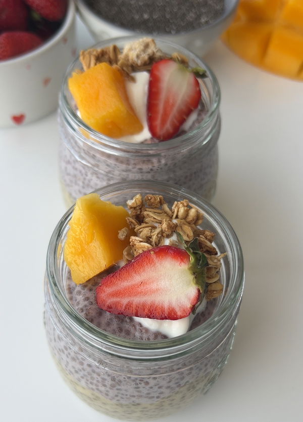 High Protein Mango & Strawberry Chia Pots