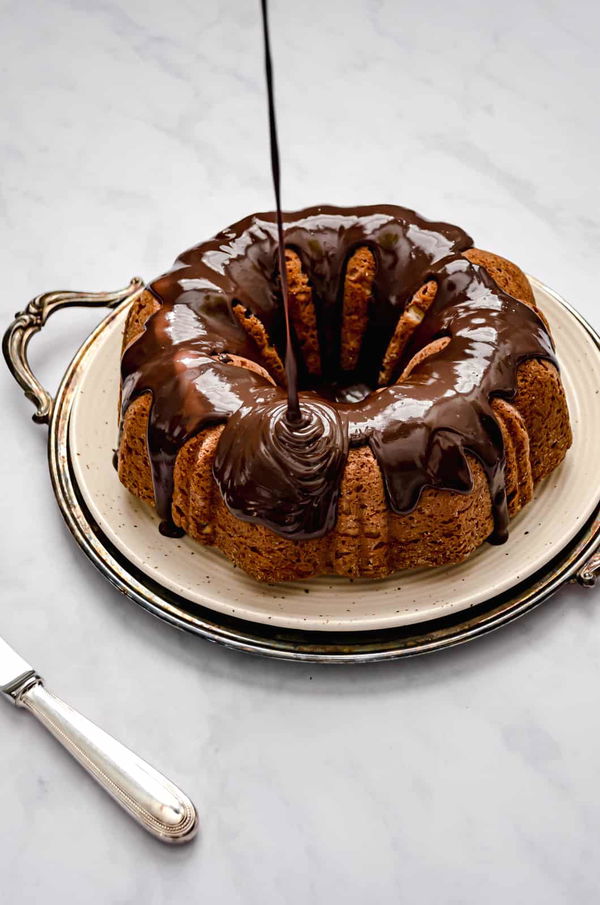 Roasted Banana Bundt Cake with Chocolate Glaze