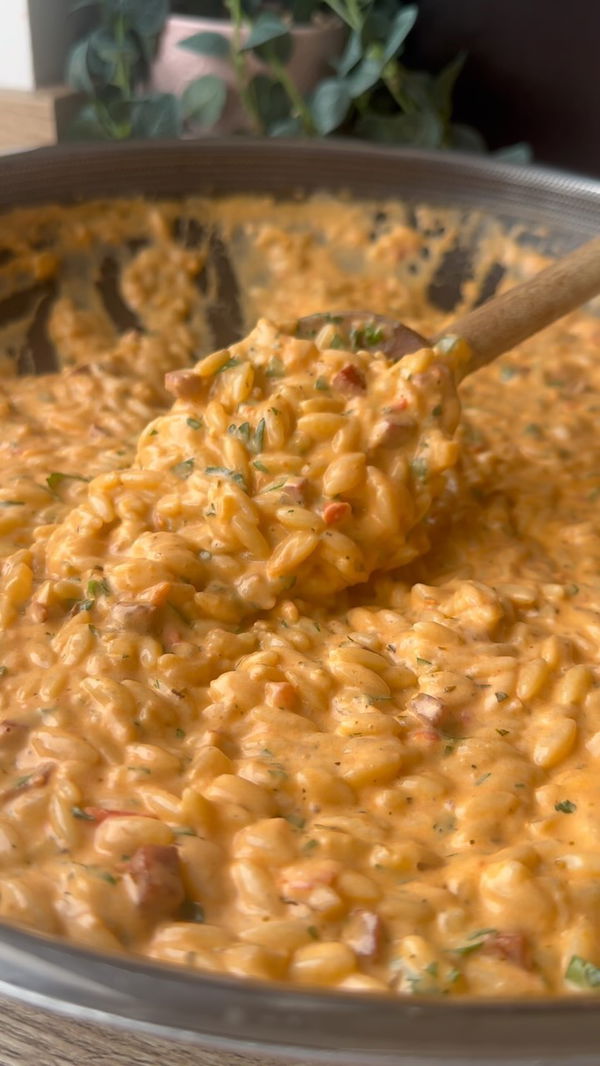 One pot Smokey Chorizo and Red Pepper Pesto Orzo		