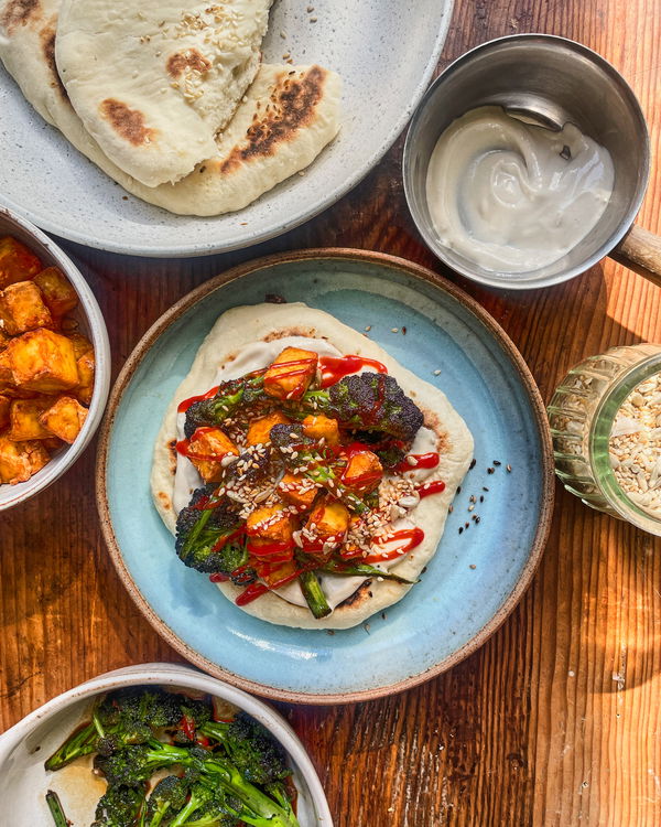 Sriracha Tofu with Garlic Purple Sprouting, Whipped Tahini & Flatbread