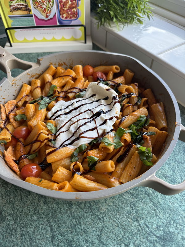 Oven baked creamy tomato, bacon and burrata pasta