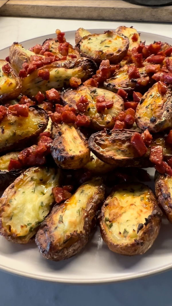 Stuffed Potato Skins with Sour Cream, Chive & Chorizo Crumb