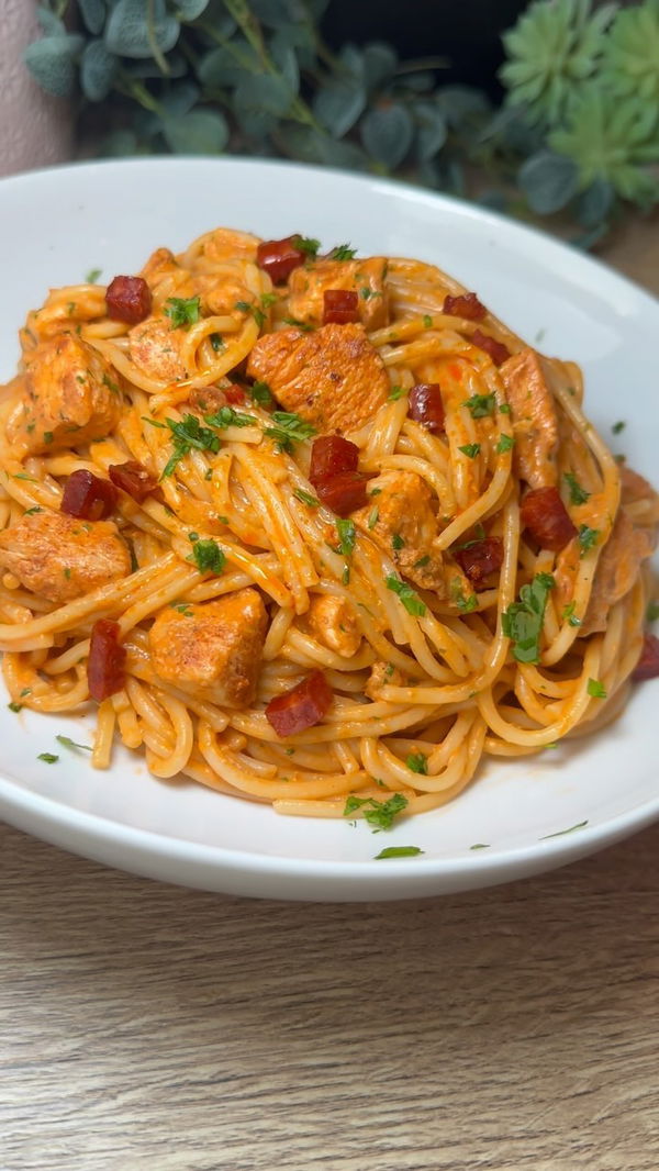 15 Minute Cajun Chicken, Chorizo & Pesto Spaghetti