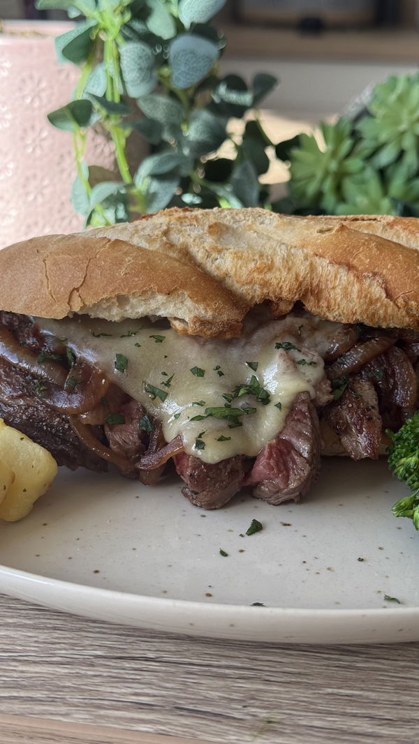 Cheesy Cajun Steak and Peppered Onion Baguette