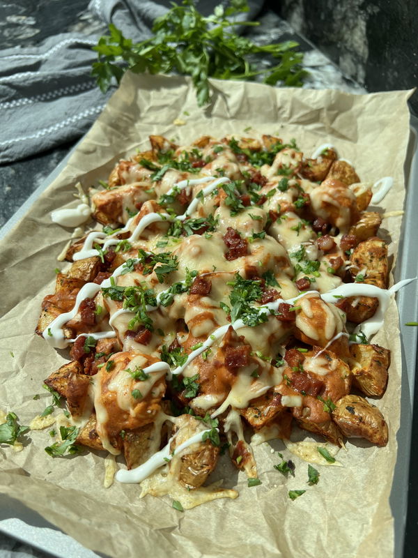 Creamy BBQ Chicken and Chorizo Loaded Potatoes