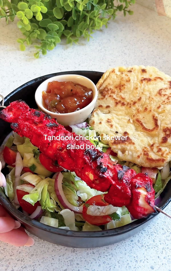 Tandoori chicken skewer salad bowl