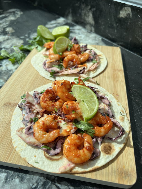 Hot Honey Prawn Tacos