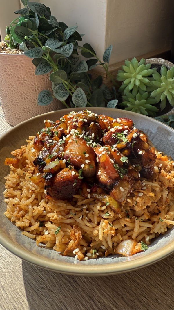 Sticky Hoisin Sausages and Egg Fried Rice