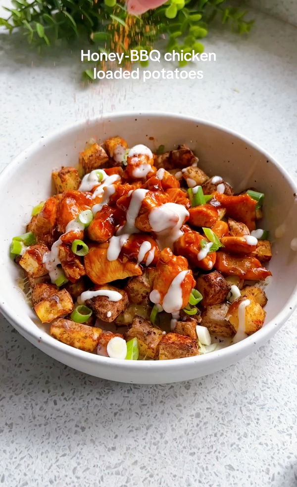 Honey-BBQ chicken loaded potatoes