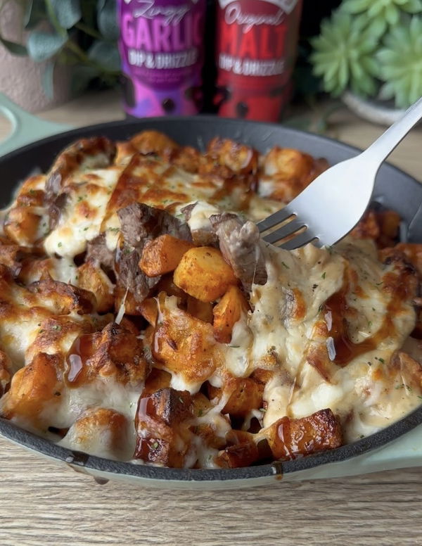 Cheesy Peppercorn Steak Loaded Potatoes 	