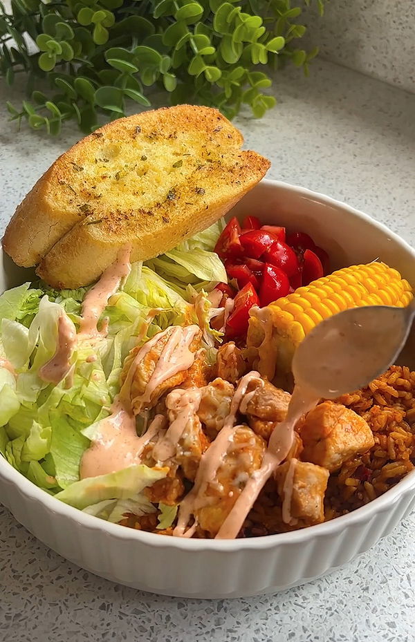 Cheesy chicken Nando's rice bowl