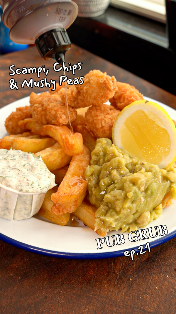 Scampi, Chips & Mushy Peas with Tartare Sauce