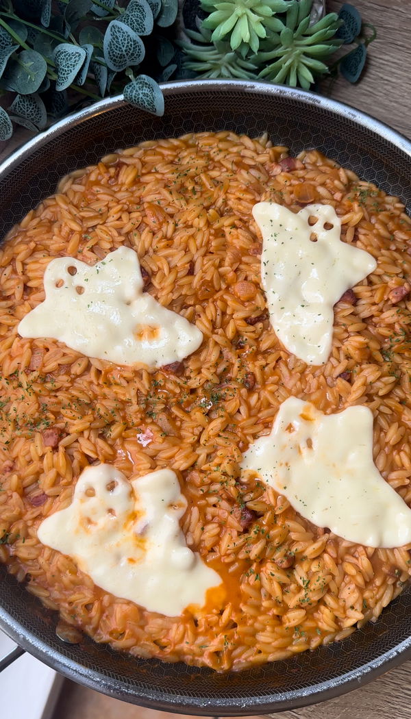 Spooky Cheese and Tomato Orzo 👻