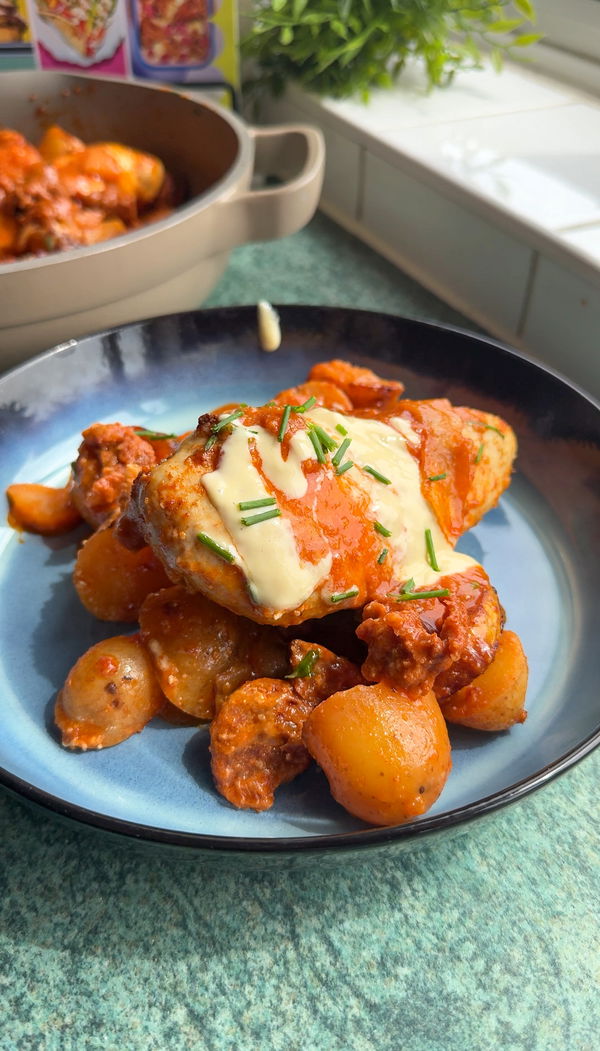 Patatas Bravas inspired Chicken & Chorizo Traybake