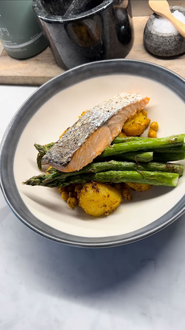 Salmon & Asparagus with Curried Potatoes & Chickpeas