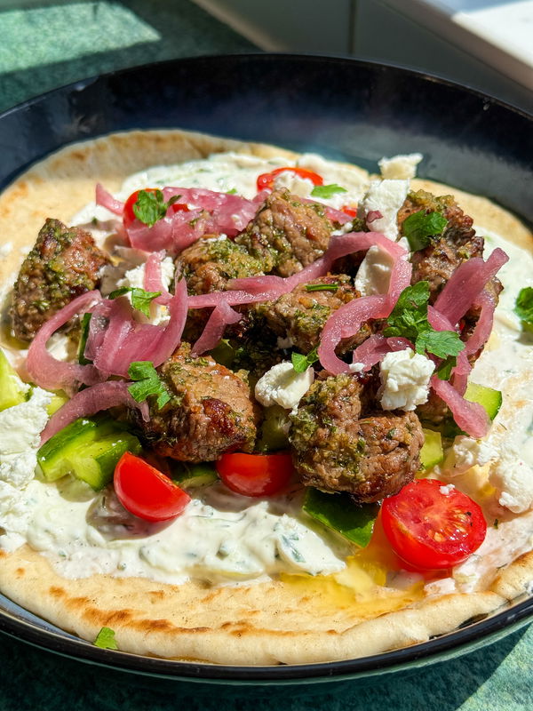 Greek Style Garlic Butter Steak Flatbreads