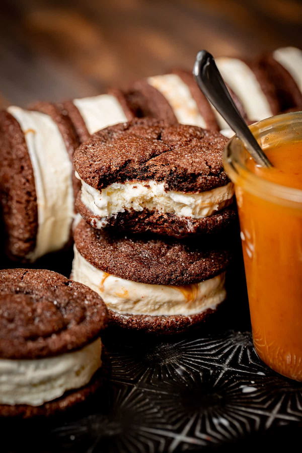 Chocolate Gochujang Caramel Cookie Ice Cream Sandwiches