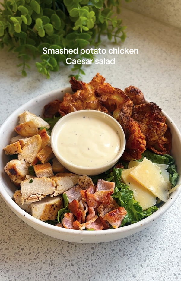 Smashed potato chicken & bacon caesar salad