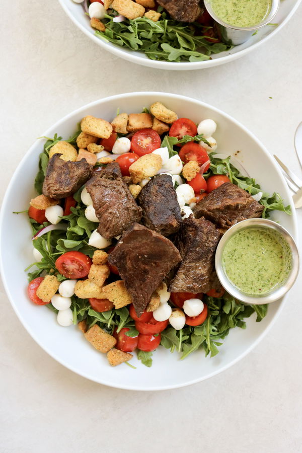 Garlic Butter Steak Bites with Caprese Salad
