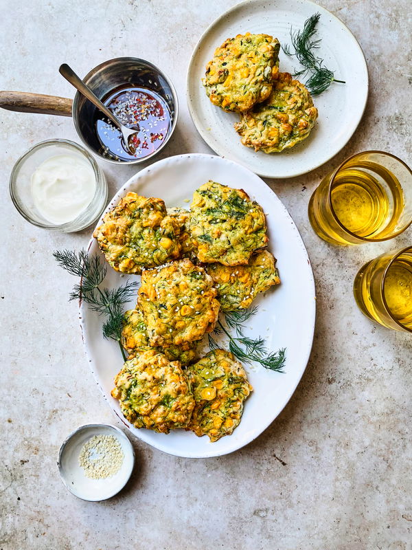 Courgette & Sweetcorn Fritters with Sesame Sauce