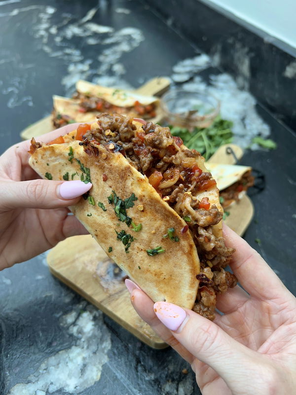 Hot Honey Cheesy Beef Tacos