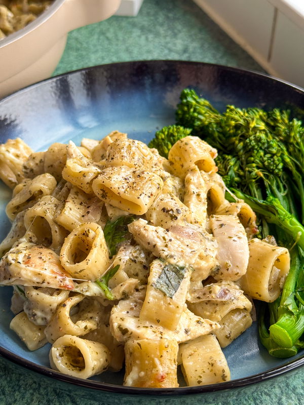 One pan creamy pesto chicken pasta bake