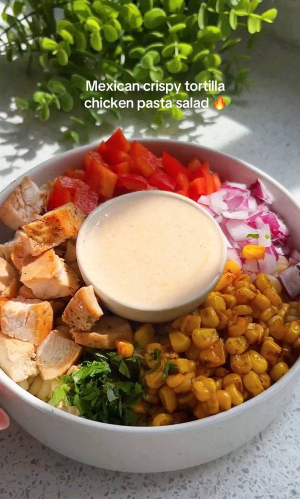 Mexican crispy tortilla chicken pasta salad