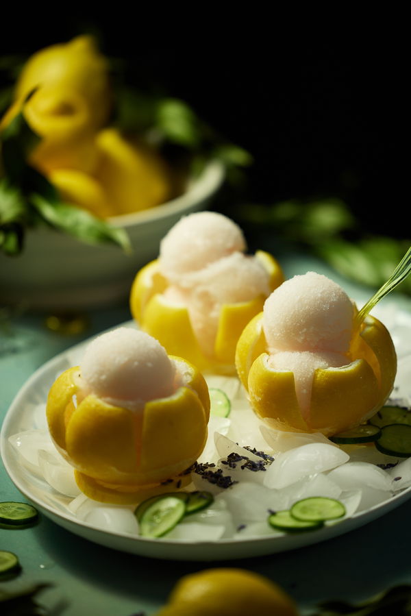 Lavender Lemon Gin Sorbet in Blossomed Citrus Cups