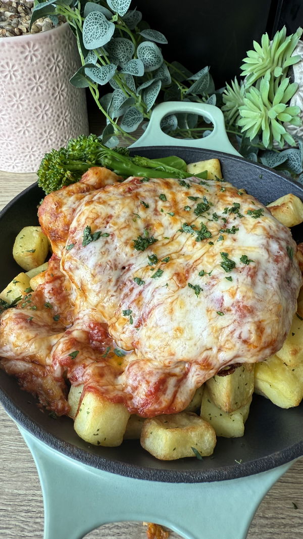 Crispy Chicken Parm with Herby Potatoes and Tender stem Broccoli