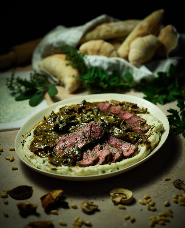 Herb-Butter Steak with Pine Nut Cream