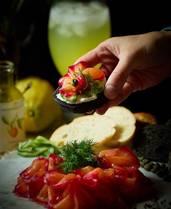 Beetroot Cured Salmon with Horseradish Cream & Pickled Cucumbers