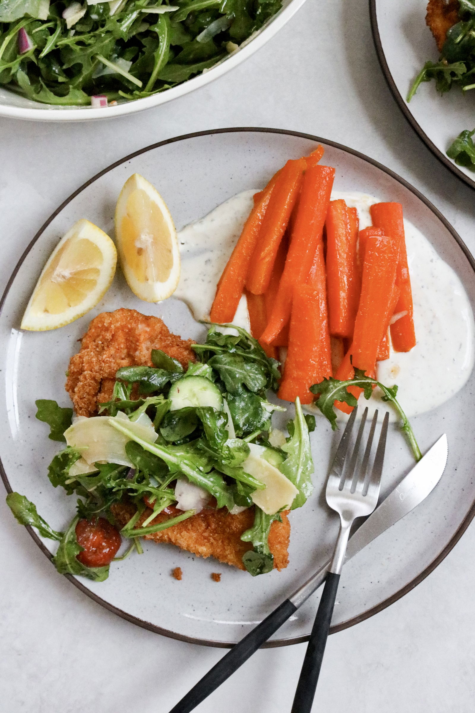 Chicken Schnitzel with Arugula & Honey Roasted Carrots