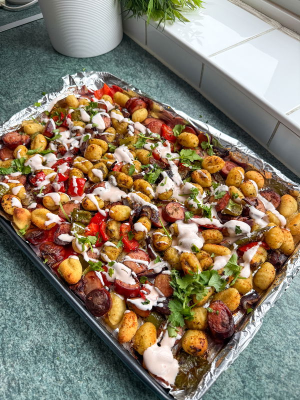 Smoked Sausage, Pepper and Gnocchi Pesto Traybake