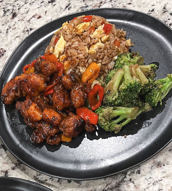 Healthy General Tso's Chicken with Sautéed Lemon Garlic Broccoli and Veggie Fried Rice