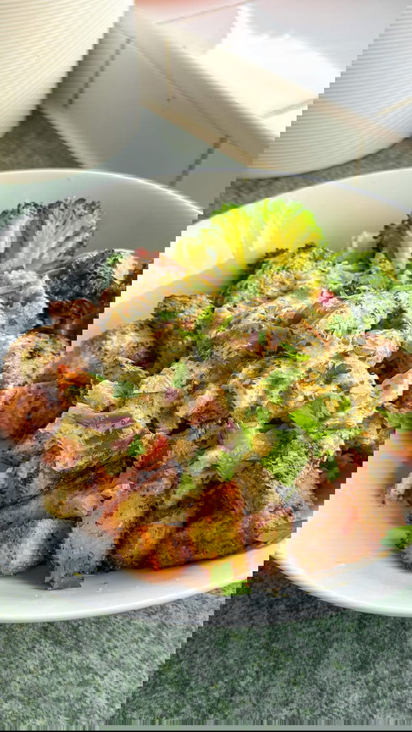 Air Fryer Steak and Potatoes with Creamy Pesto Sauce
