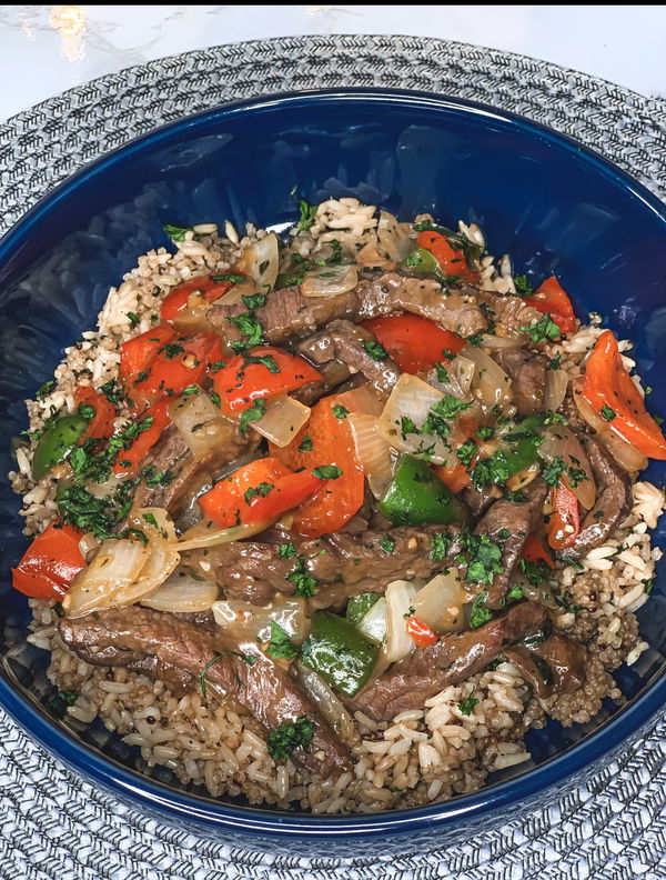 Pepper Steak over Brown Rice