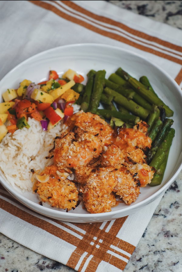Coconut Shrimp Rice Bowl with Mango Salsa and Asparagus