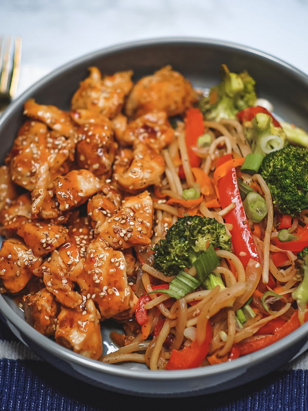 Healthy Sesame Chicken and Veggie Lo Mein with Hearts of Palm