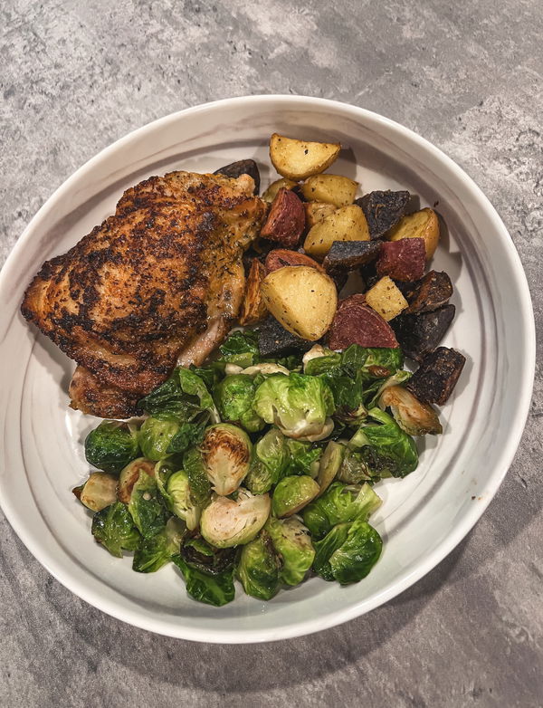 Roasted Chicken Thighs with Brussels Sprouts and Potatoes
