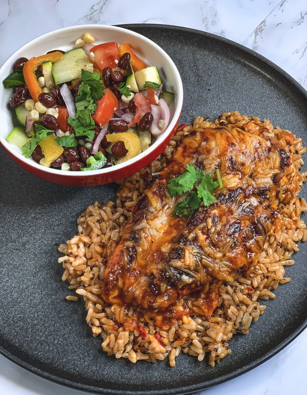 Santa Fe Chicken over Rice with Black Bean Salad