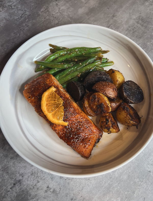 Orange Glazed Salmon with Garlicky Green Beans and Air-Fried Medley Potatoes