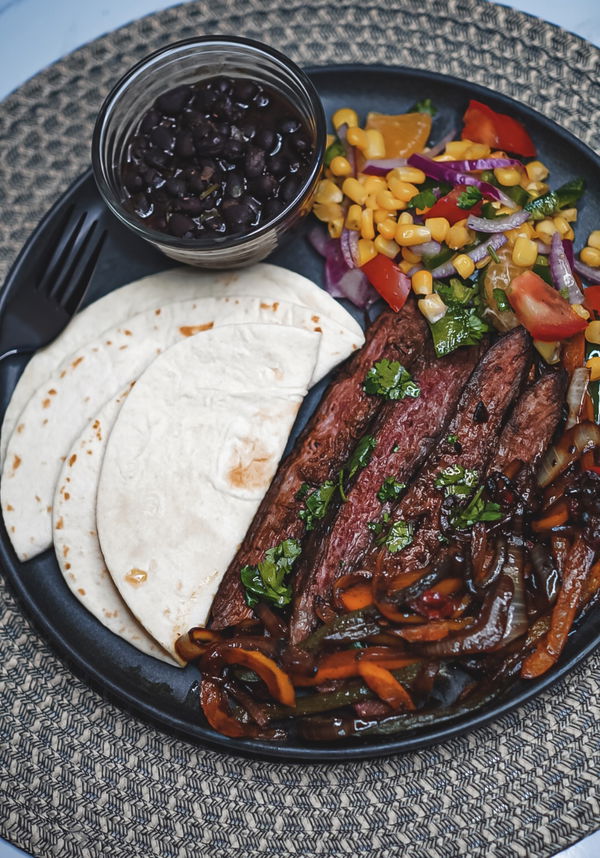 Grilled Steak Fajitas with Low Carb Tortillas, Black Beans, and Corn Salsa